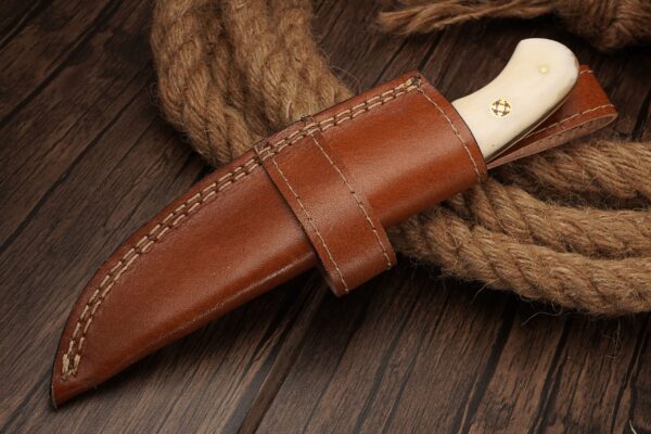 9 inch Handmade Guthook Damascus Steel Hunting Knife with Camel Bone and Walnut Wood Handle and Leather Sheath