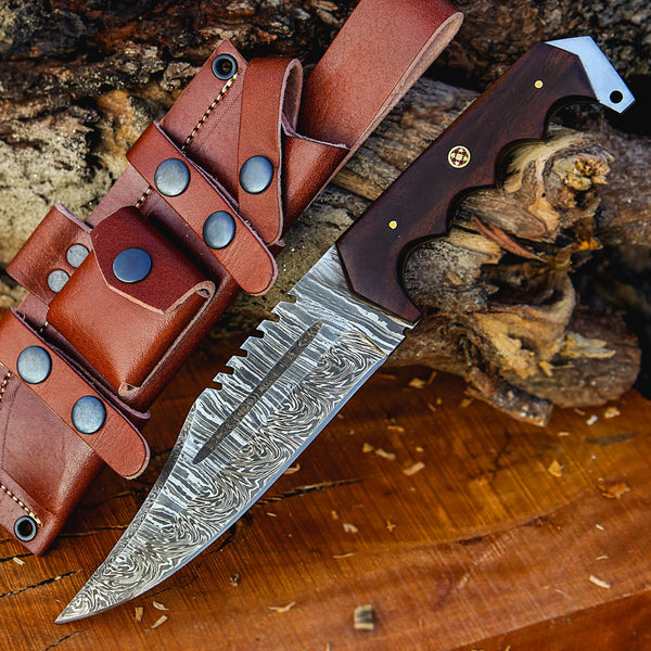 12-inch fixed blade Damascus steel Bowie knife with walnut wood handle and leather sheath