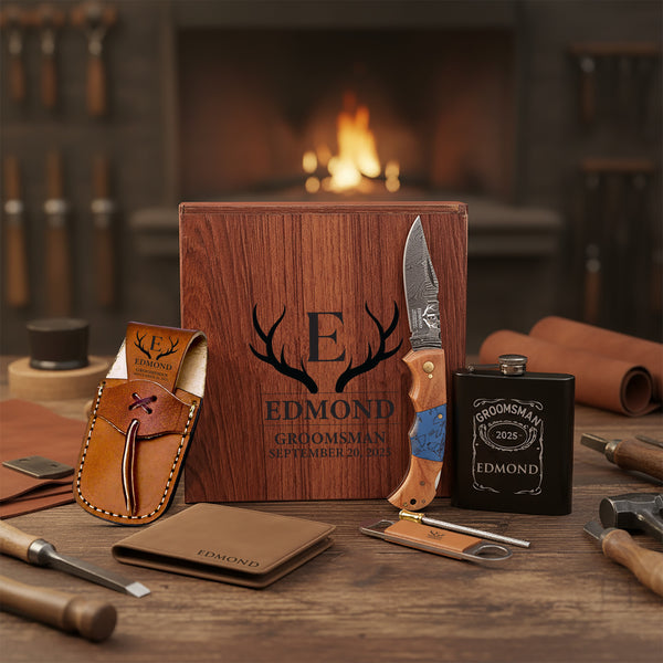 Olive Wood & Turquoise Damascus Pocket Blade Groomsmen Proposal Box