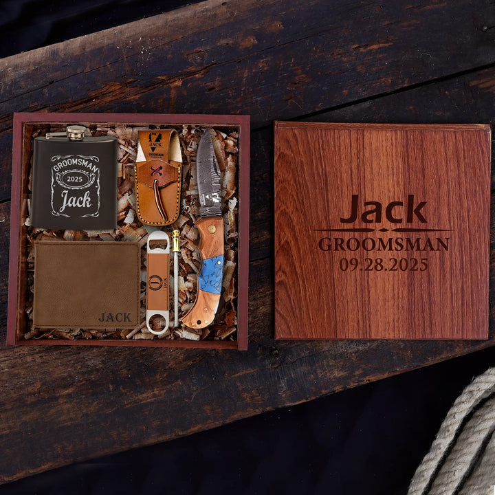 Olive Wood & Turquoise Damascus Pocket Blade Groomsmen Proposal Box