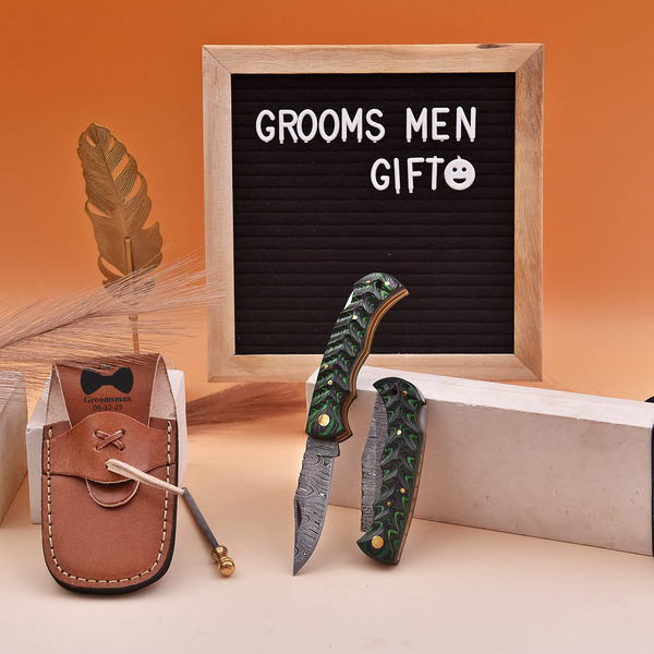Personalized pocket knife with leather sheath and sharpener