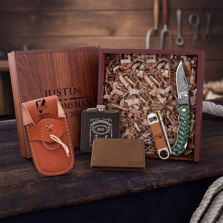Green Grooved Pakkawood Damascus Pocket blade Groomsmen Proposal Box