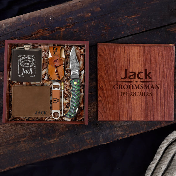 Green Grooved Pakkawood Damascus Pocket blade Groomsmen Proposal Box