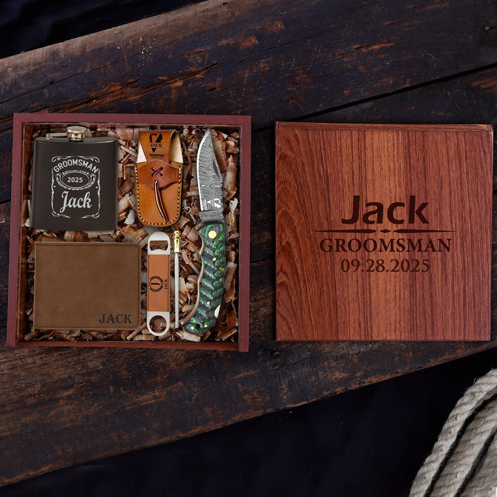Green Grooved Pakkawood Damascus Pocket blade Groomsmen Proposal Box