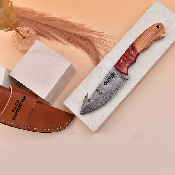 Handmade Damascus Gut Hook Knife with Red Resin and Wood Handle and Custom Leather Sheath