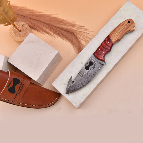 Handmade Damascus Gut Hook Knife with Red Resin and Wood Handle and Custom Leather Sheath