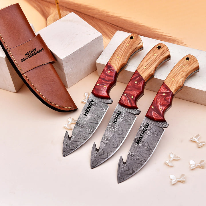 Handmade Damascus Gut Hook Knife with Red Resin and Wood Handle and Custom Leather Sheath
