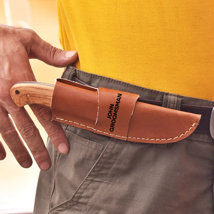 Handmade Damascus Gut Hook Knife with Red Resin and Wood Handle and Custom Leather Sheath