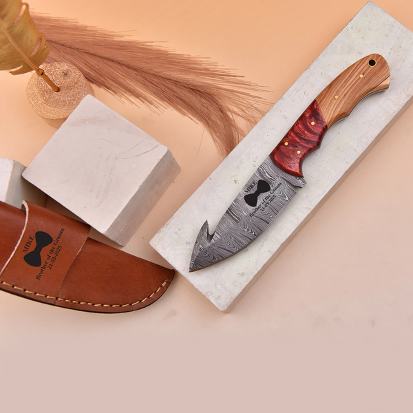 Handmade Damascus Gut Hook Knife with Red Resin and Wood Handle and Custom Leather Sheath