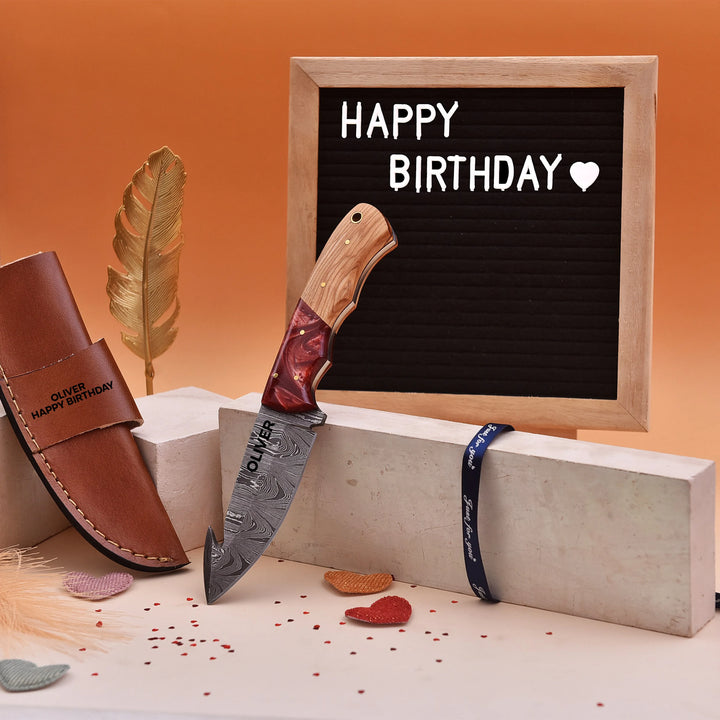 Handmade Damascus Gut Hook Knife with Red Resin and Wood Handle and Custom Leather Sheath