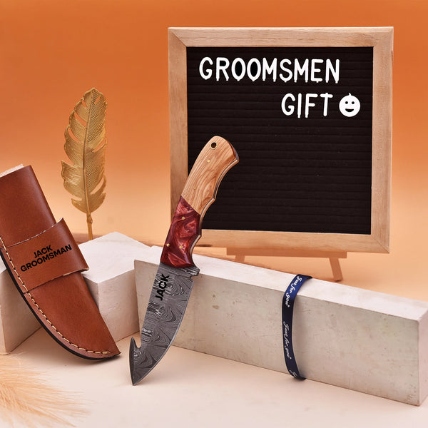 Handmade Damascus Gut Hook Knife with Red Resin and Wood Handle and Custom Leather Sheath