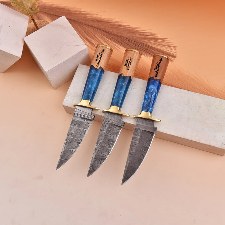 Custom Damascus Knife with Blue Resin Wood Handle and Leather Sheath