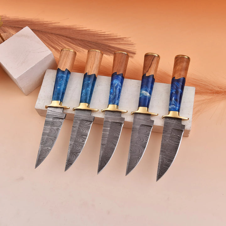 8 inch Handmade Damascus Steel Knife with Sea Shore Themed Handle and Leather Sheath