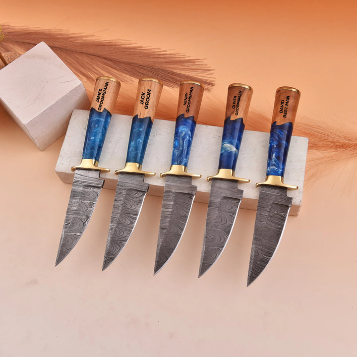 Custom Damascus Knife with Blue Resin Wood Handle and Leather Sheath