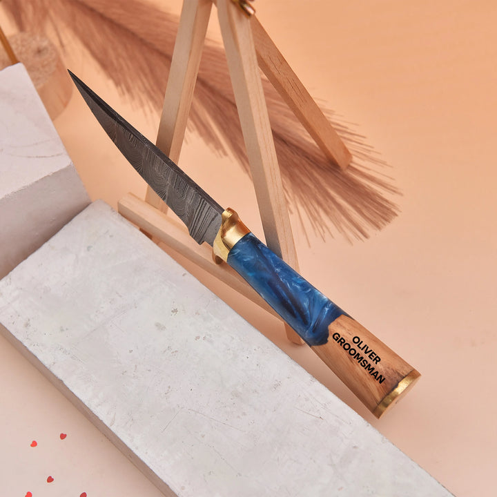 Custom Damascus Knife with Blue Resin Wood Handle and Leather Sheath