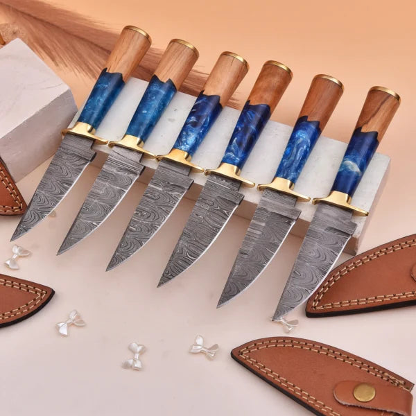 8 inch Handmade Damascus Steel Knife with Sea Shore Themed Handle and Leather Sheath