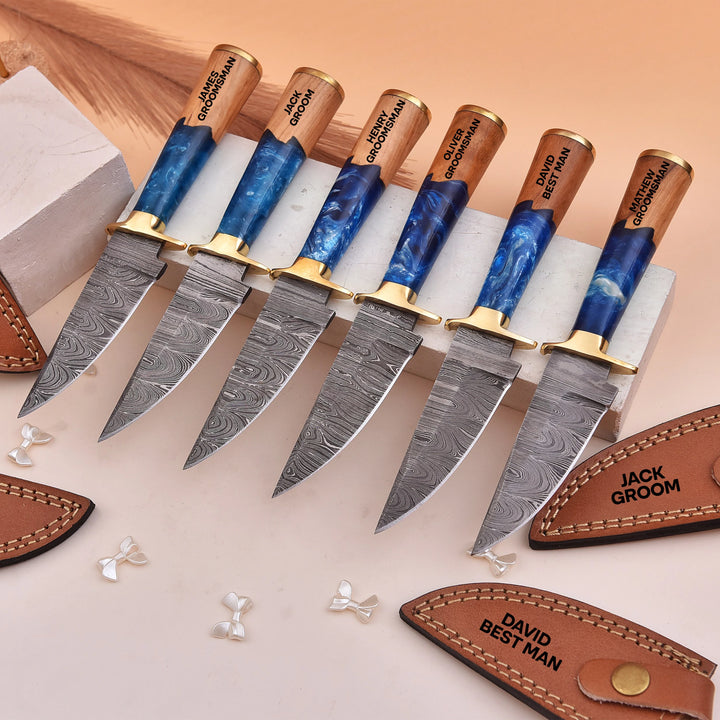 Custom Damascus Knife with Blue Resin Wood Handle and Leather Sheath