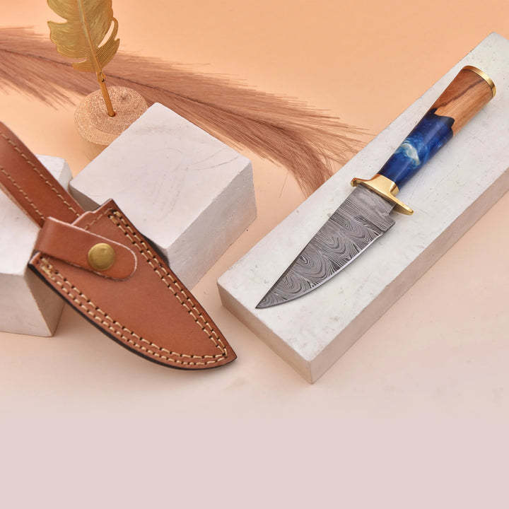 8 inch Handmade Damascus Steel Knife with Sea Shore Themed Handle and Leather Sheath