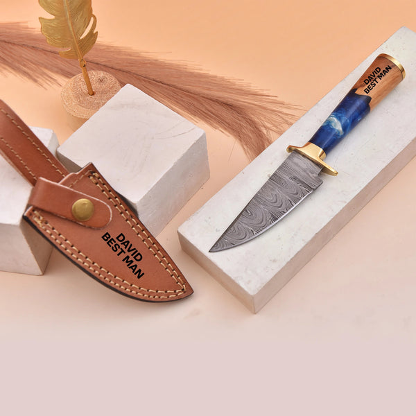 Custom Damascus Knife with Blue Resin Wood Handle and Leather Sheath