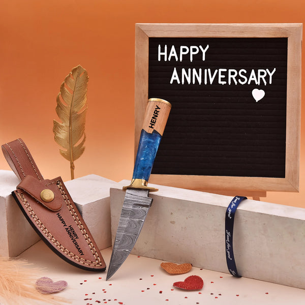 Custom Damascus Knife with Blue Resin Wood Handle and Leather Sheath