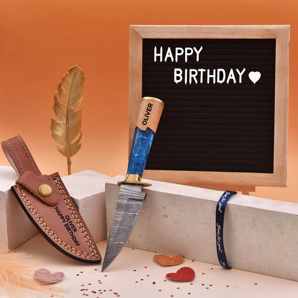 Custom Damascus Knife with Blue Resin Wood Handle and Leather Sheath