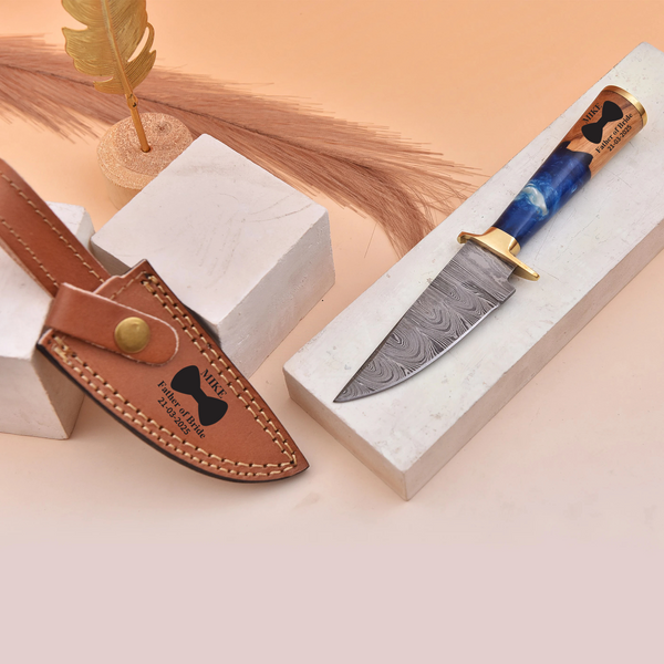 Personalized Damascus Steel Knife with Blue Resin Handle – Father of the Bride Gift
