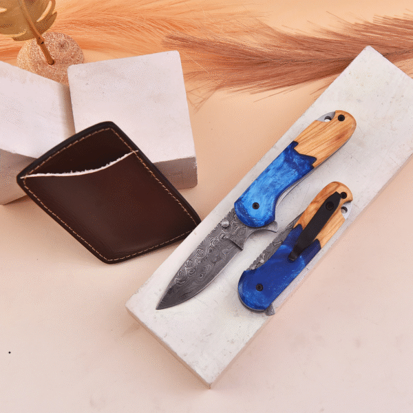 Handmade Damascus Pocket Knife with Olive Wood and Blue Resin Handle