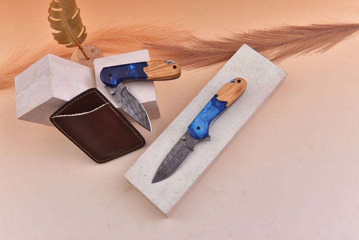 Handmade Damascus Pocket Knife with Olive Wood and Blue Resin Handle
