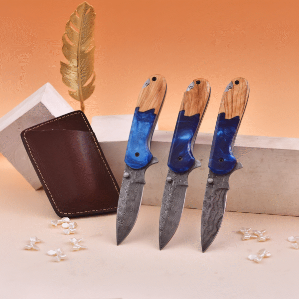 Handmade Damascus Pocket Knife with Olive Wood and Blue Resin Handle