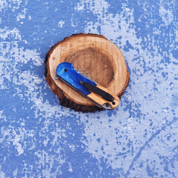 Handmade Damascus Pocket Knife with Olive Wood and Blue Resin Handle
