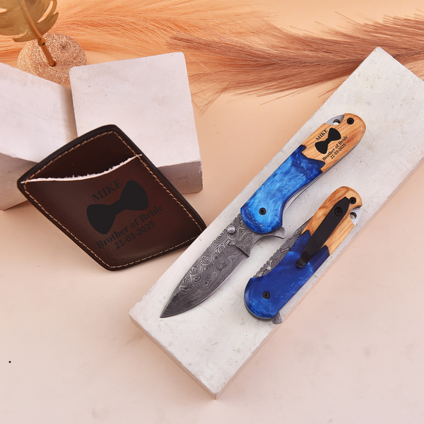 Handmade Damascus Pocket Knife with Olive Wood and Blue Resin Handle