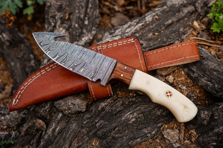 9 inch Handmade Guthook Damascus Steel Hunting Knife with Camel Bone and Walnut Wood Handle and Leather Sheath