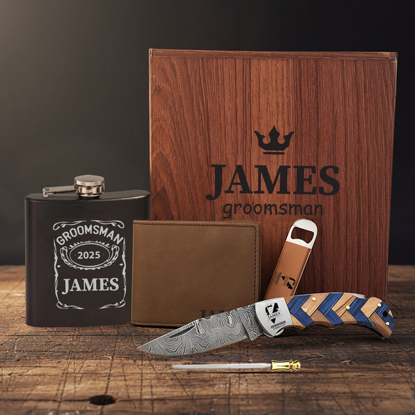 Officiant Resin & Wood Damascus Pocket Knife Gift Box