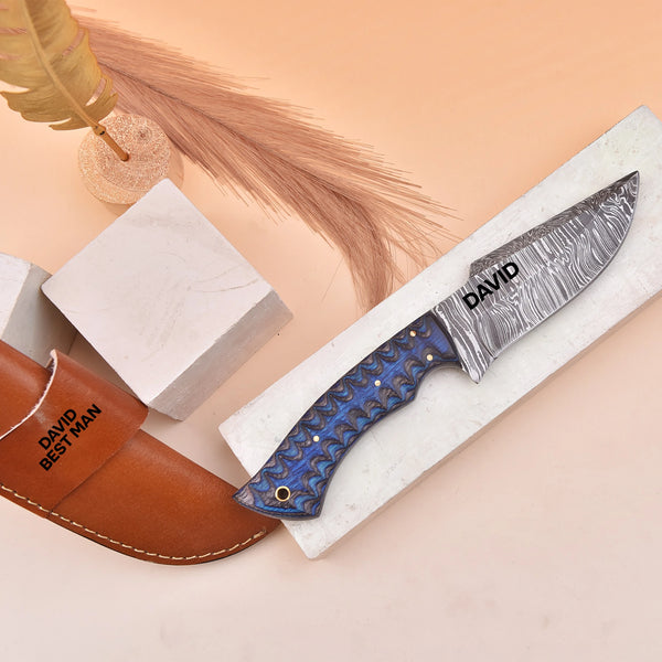 Damascus Steel Knife with G10 Handle and Custom Engraved Leather Sheath