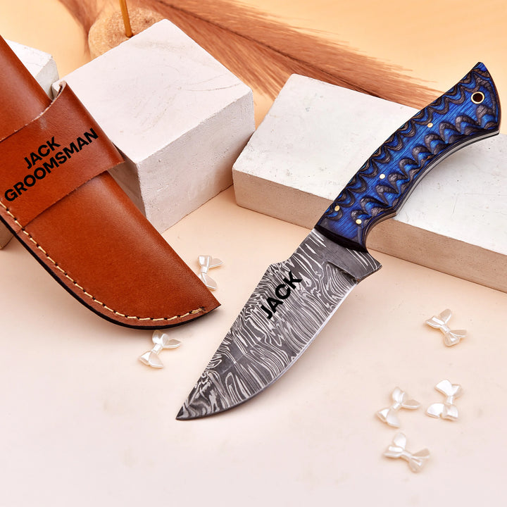 Damascus Steel Knife with G10 Handle and Custom Engraved Leather Sheath