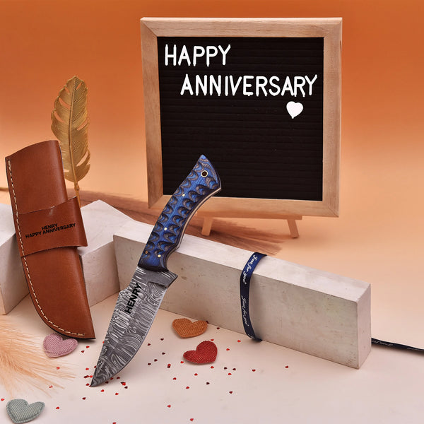 Damascus Steel Knife with G10 Handle and Custom Engraved Leather Sheath