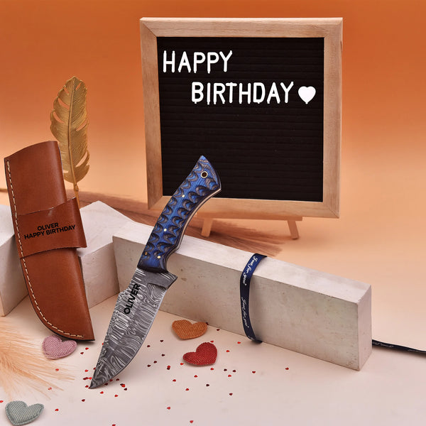 Damascus Steel Knife with G10 Handle and Custom Engraved Leather Sheath