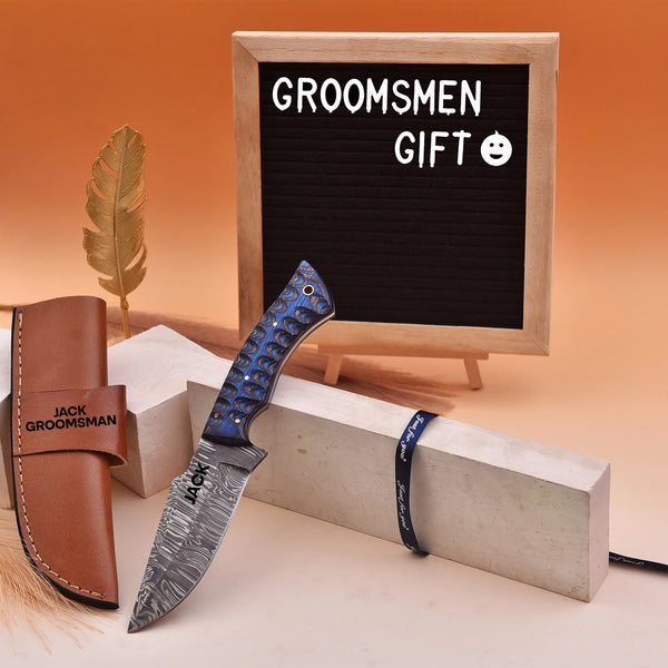 Damascus Steel Knife with G10 Handle and Custom Engraved Leather Sheath