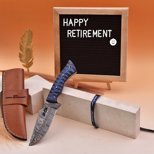 Damascus Steel Knife with G10 Handle and Custom Engraved Leather Sheath