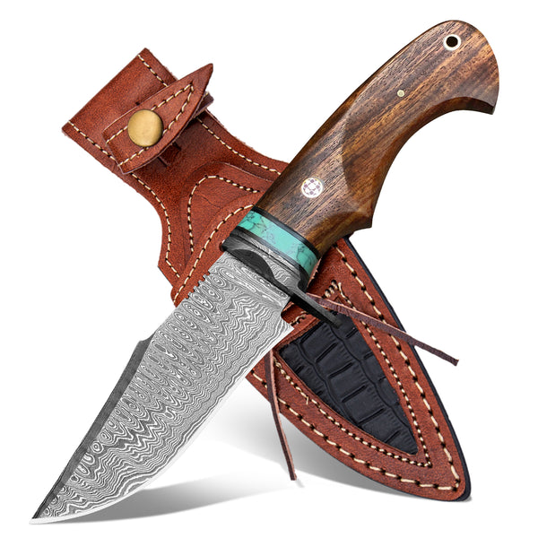 10 inch Handmade Damascus Steel Knife with Walnut Wood Handle and Leather Sheath
