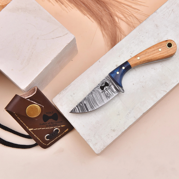 Handmade Damascus Knife with Natural Wood Blue Resin Handle and Personalized Leather Sheath