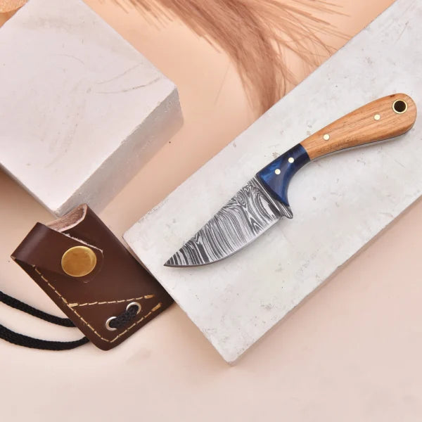 5 inch Handmade Damascus Steel Neck Knife with Leather Sheath and String