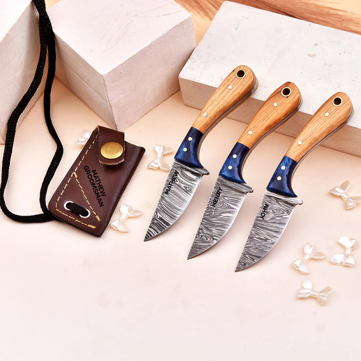 Handmade Damascus Knife with Natural Wood Blue Resin Handle and Personalized Leather Sheath