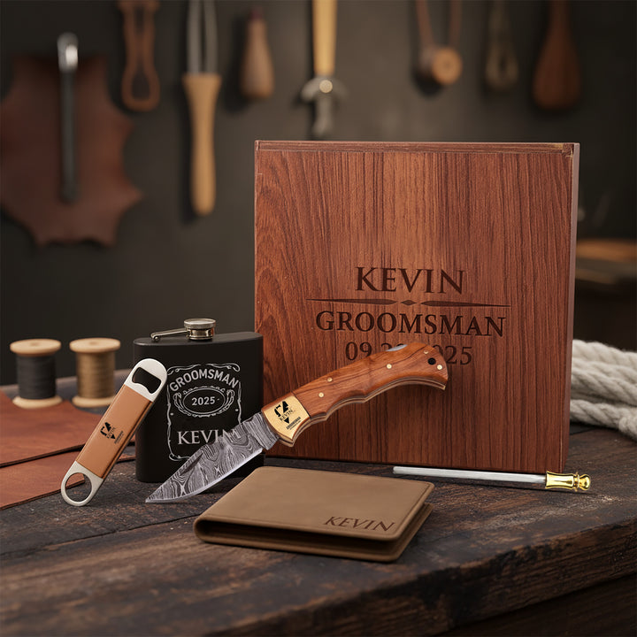 Olive Wood Handle Damascus Pocket Blade Groomsmen Proposal Box