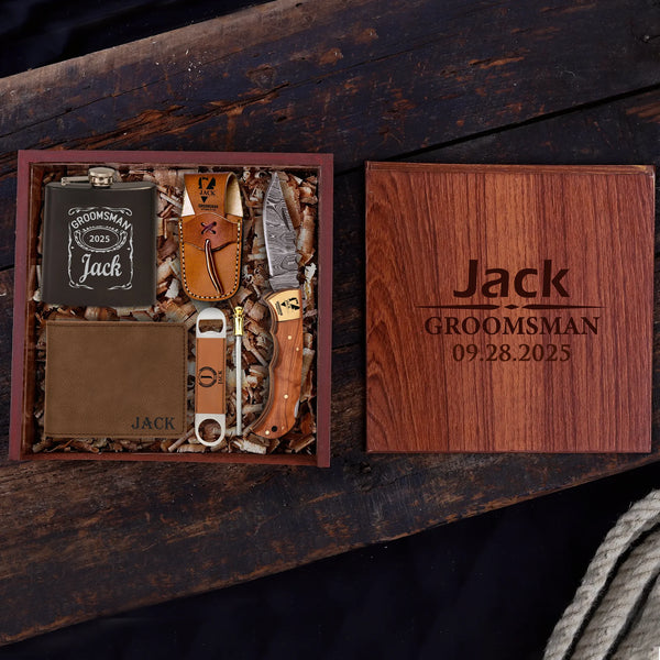 Olive Wood Handle Damascus Pocket Blade Groomsmen Proposal Box