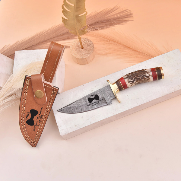 Handmade Damascus Steel Knife with Stag Handle and Leather Sheath