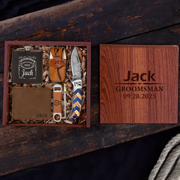 Officiant Resin & Wood Damascus Pocket Knife Gift Box