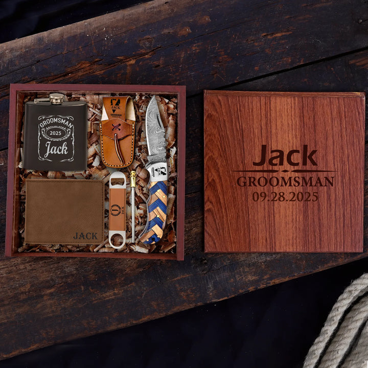 Officiant Resin & Wood Damascus Pocket Knife Gift Box