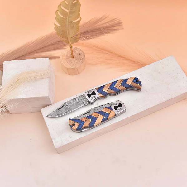 Custom Damascus Steel Knife with Blue Resin & Wood Handle – Groom Wedding Gift