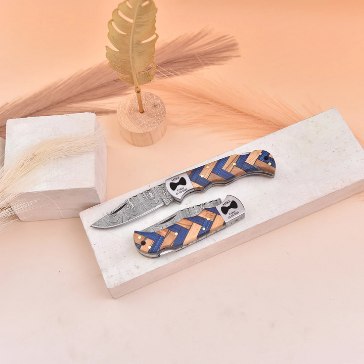 Custom Damascus Steel Knife with Blue Resin & Wood Handle – Usher Wedding Gift